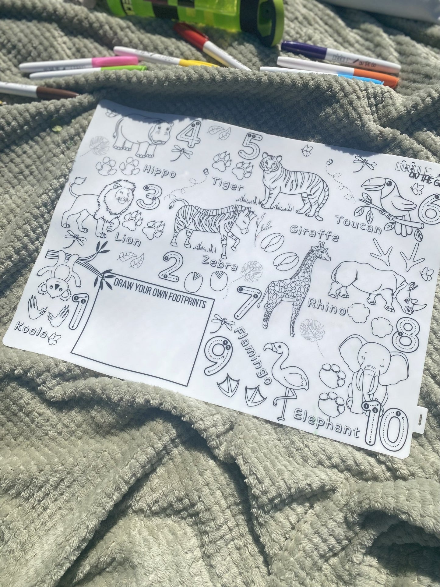 Animal footprint tracker mat on picnic blanket outdoors with washable pens arranged around it