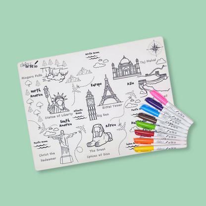 Uncoloured Animal Footprint Tracker mat with 8 washable pens placed beside it, ready for use
