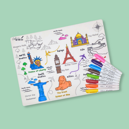 Coloured Animal Footprint Tracker mat with 8 washable pens shown beside it
