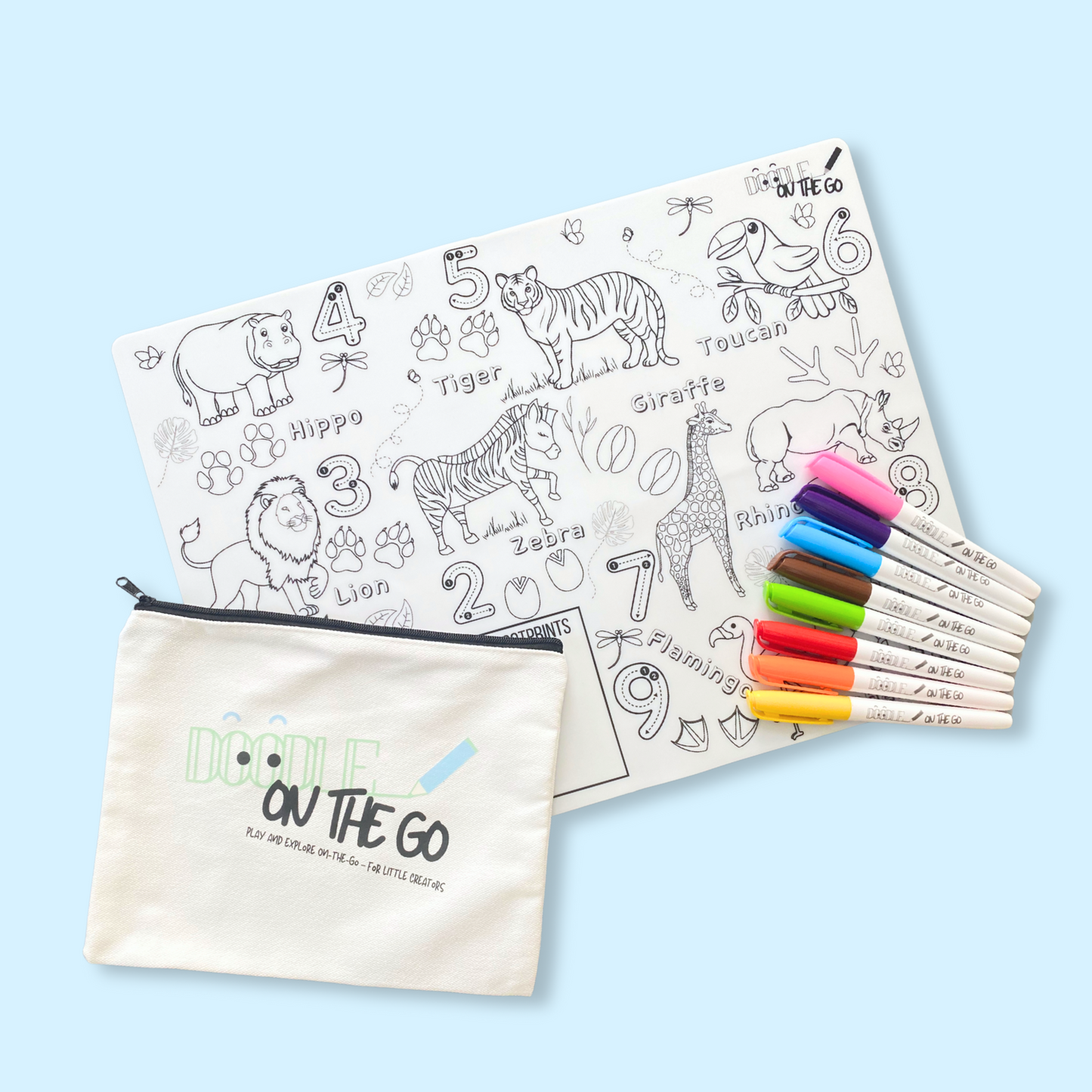 Reusable animal footprint tracker mat set with 8 pens and carry case for kids