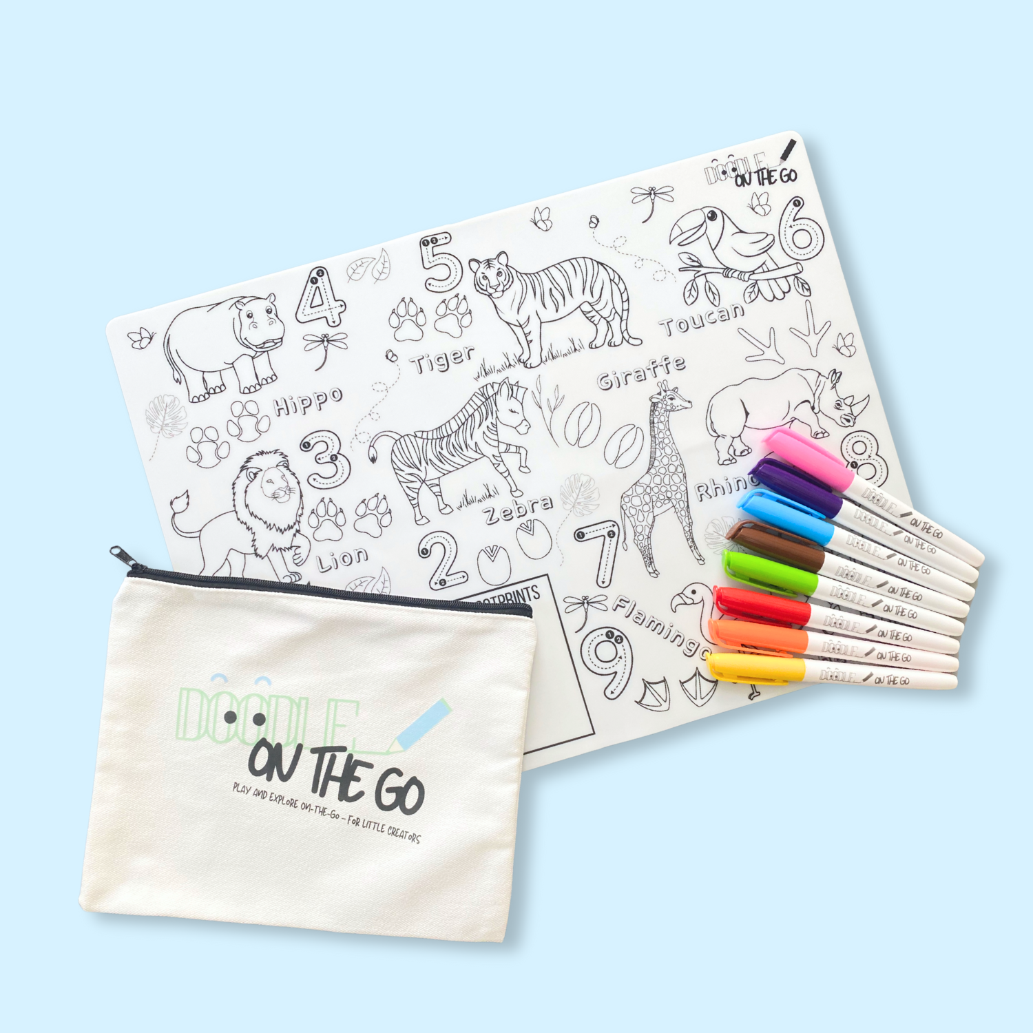 Reusable animal footprint tracker mat set with 8 pens and carry case for kids