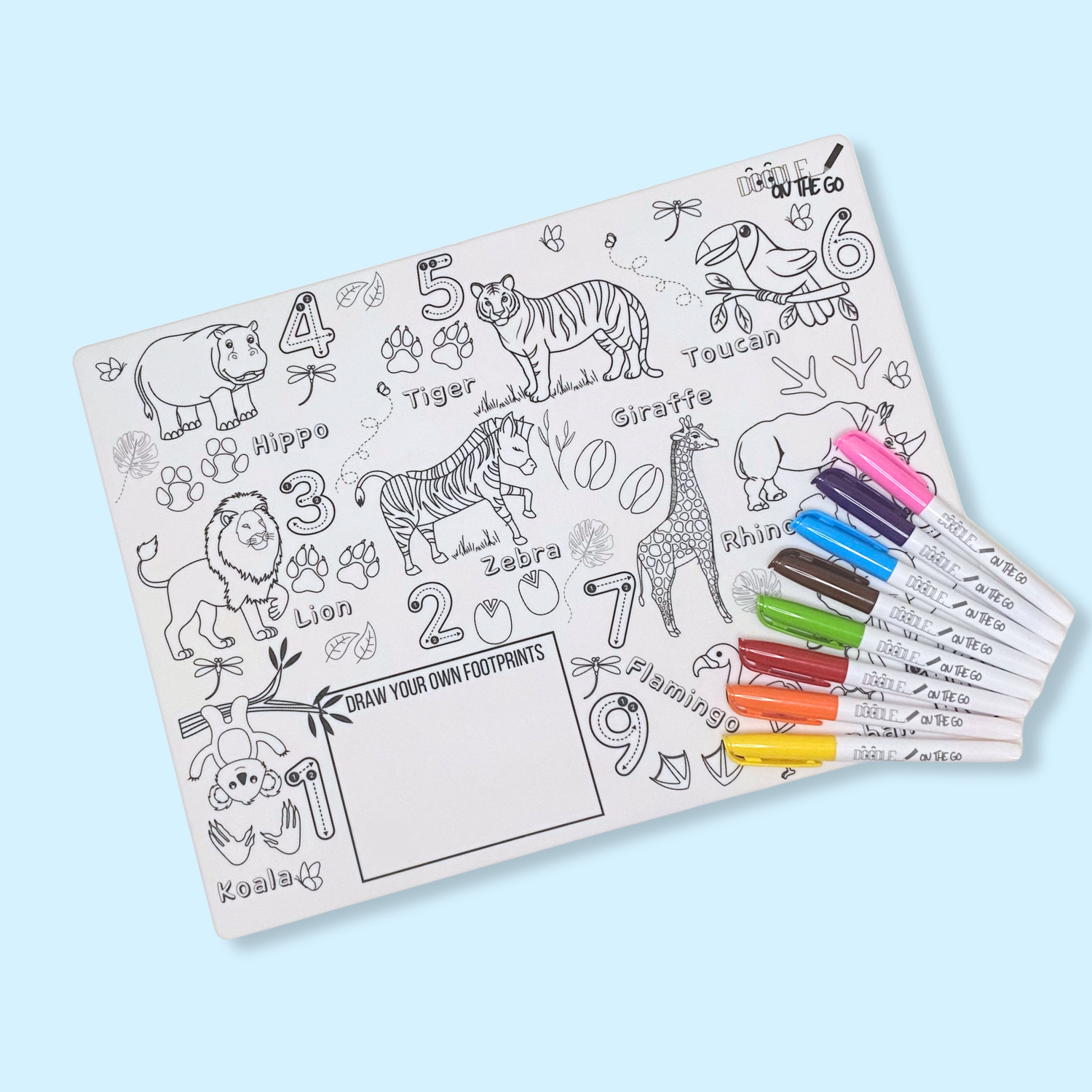 Reusable silicone animal footprint colouring mat with pens for kids