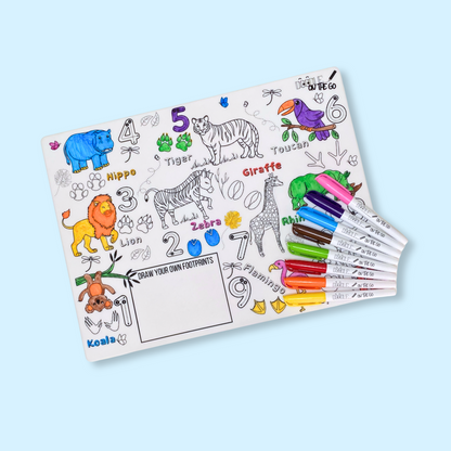 Reusable silicone animal footprint colouring mat with pens for kids
