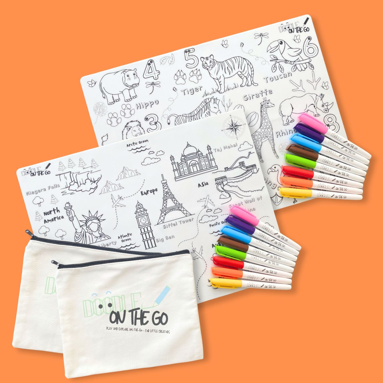 Reusable kids doodle mat bundle with wipe-clean mats and pens