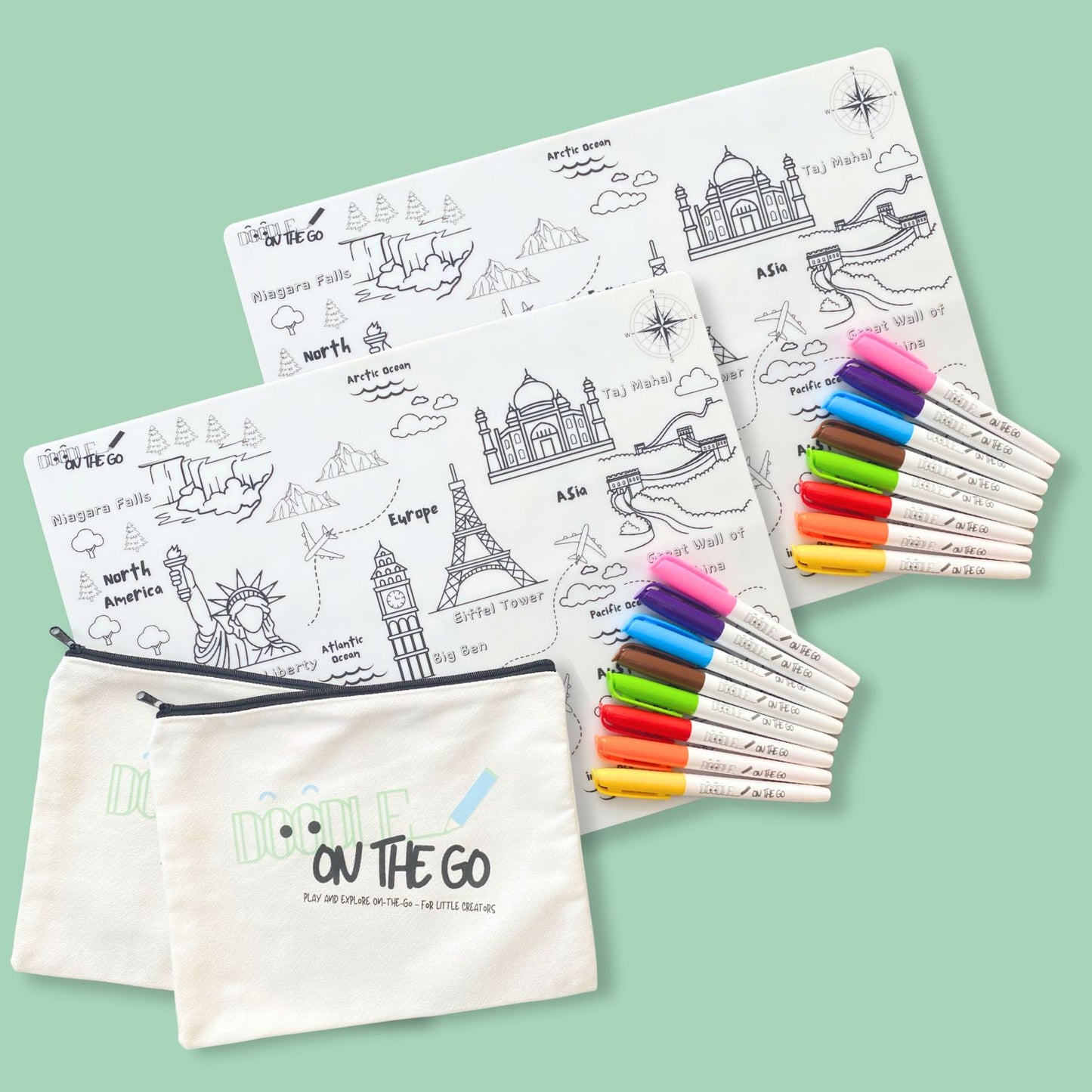 Doodle mats with world landmarks, markers, and pouch on a light green background