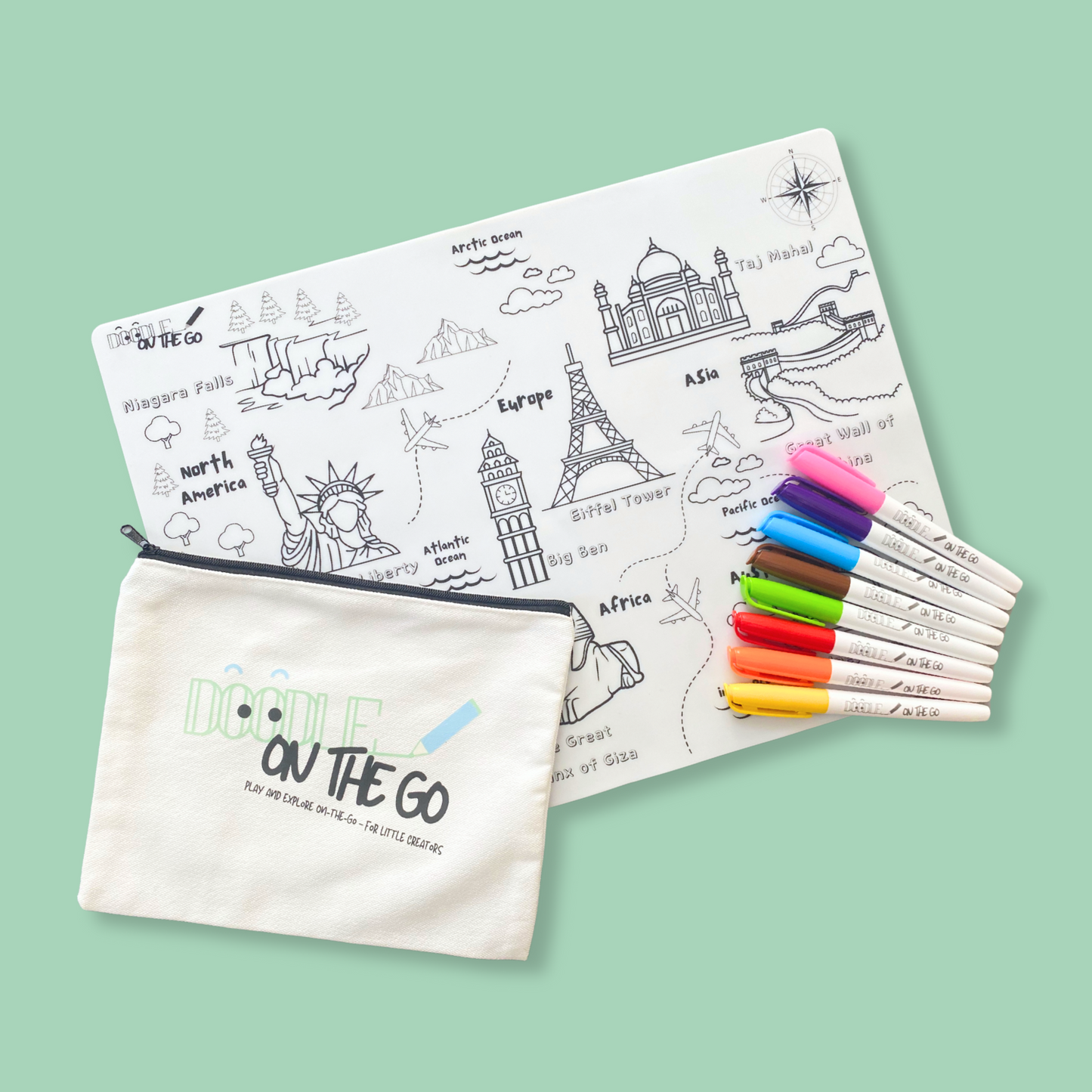 Flat lay of Landmark Tracker reusable colouring mat with washable pens and travel case