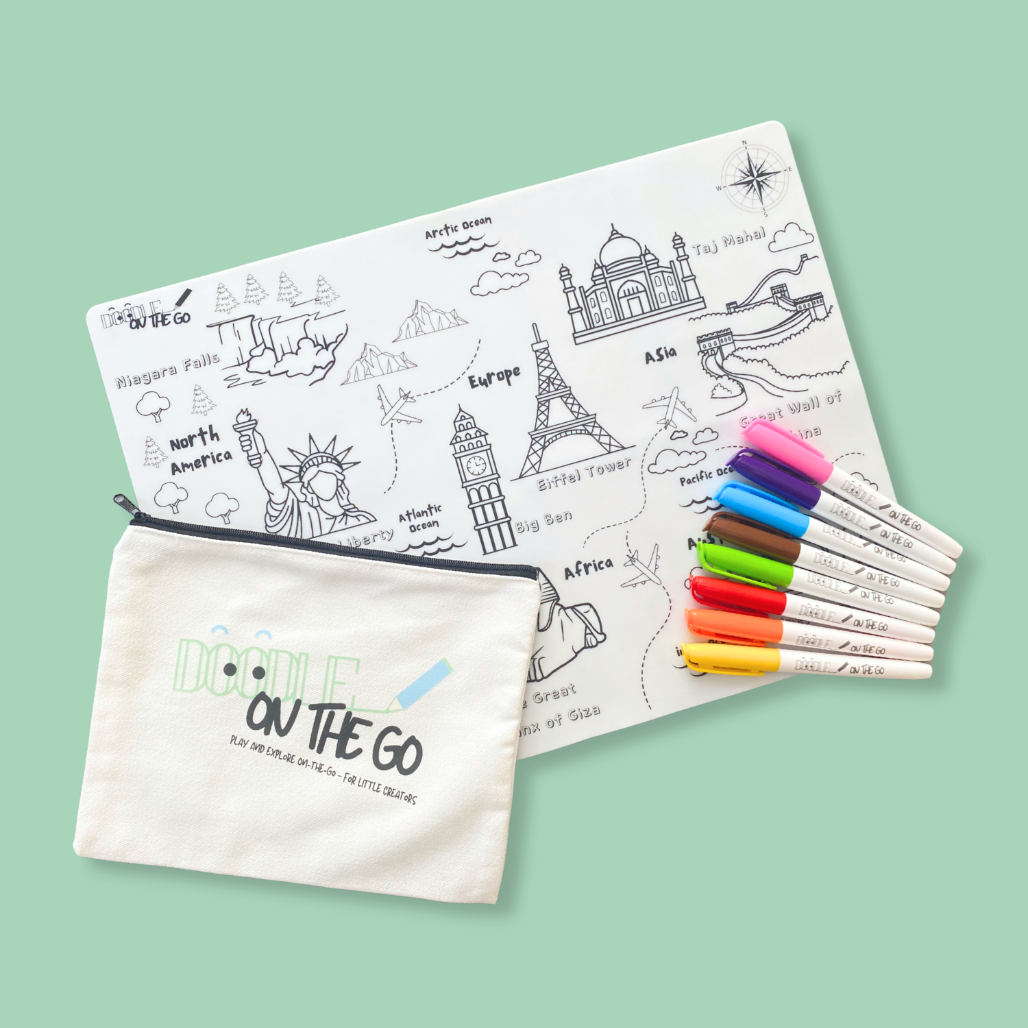 Flat lay of Landmark Tracker reusable colouring mat with washable pens and travel case
