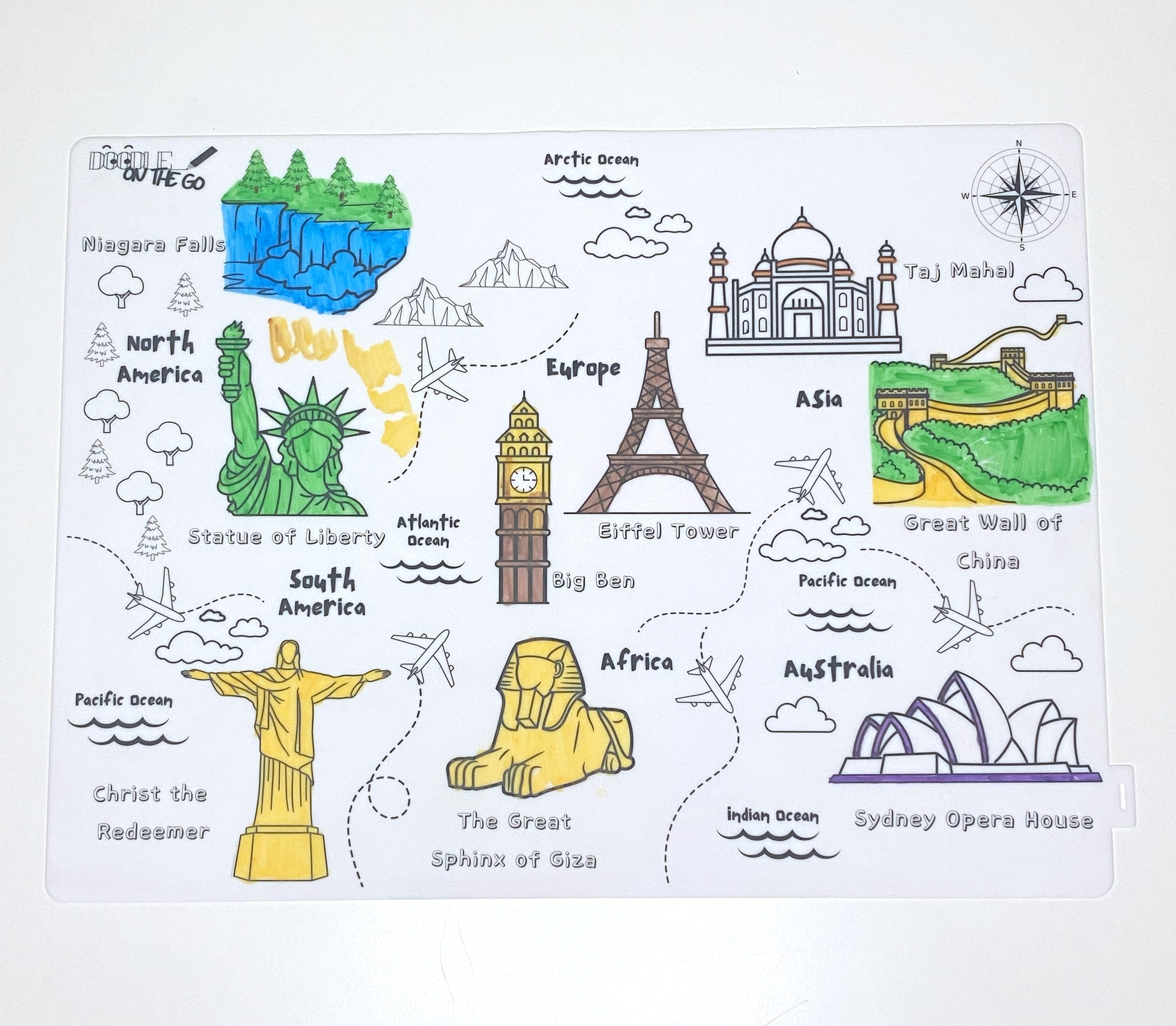 Reusable world map colouring mat designed for educational and creative play for kids